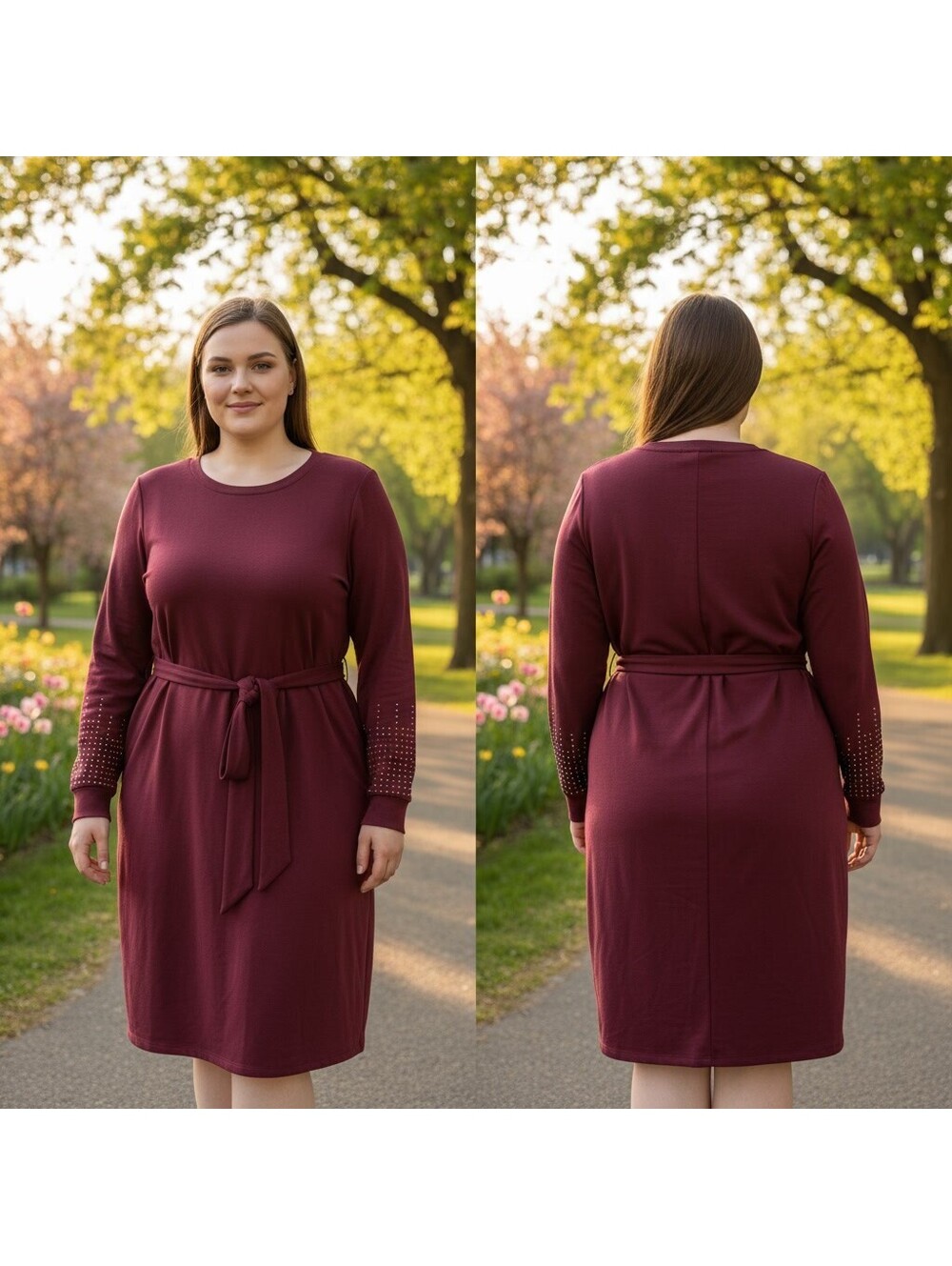 1761 - Torrid Burgundy Long Sleeve Dress w/ Studded Sleeves and Waist Tie Size 2